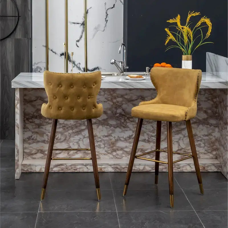 Mid-Century Modern Faux Leather Tufted Nailhead Trim Barstool, Set of 2