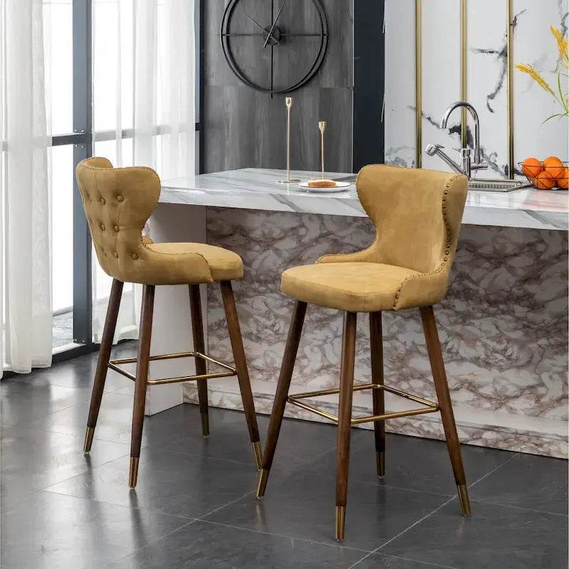 Mid-Century Modern Faux Leather Tufted Nailhead Trim Barstool, Set of 2