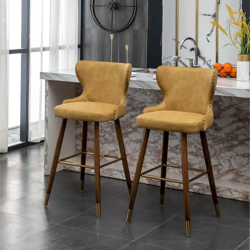 Mid-Century Modern Faux Leather Tufted Nailhead Trim Barstool, Set of 2