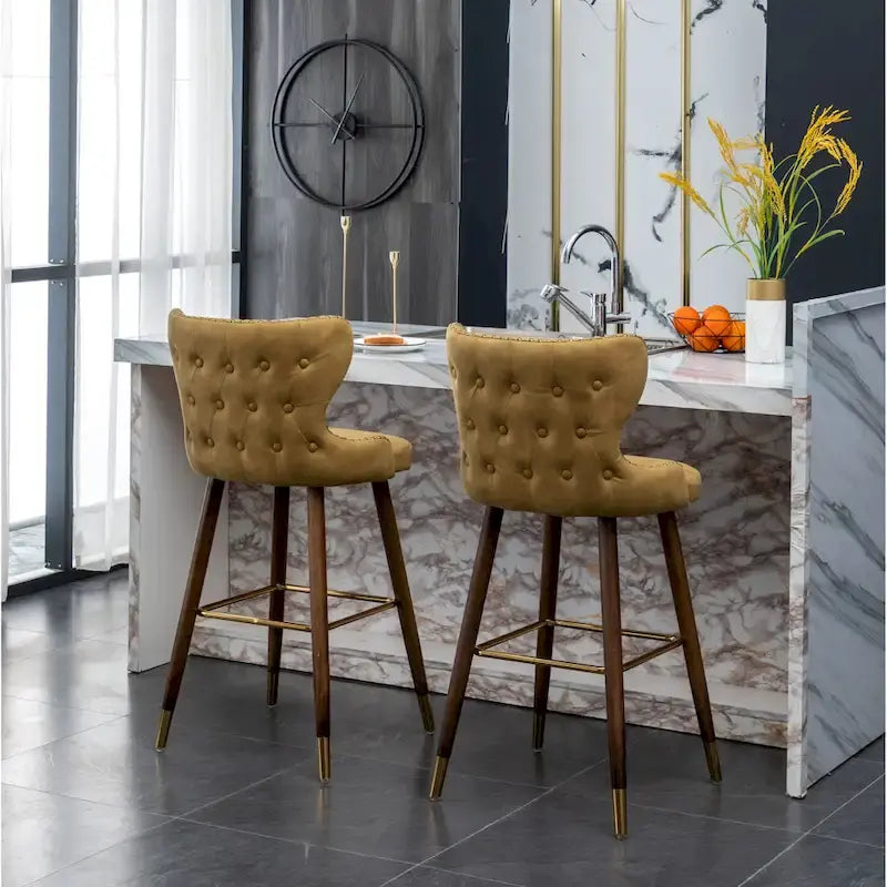 Mid-Century Modern Faux Leather Tufted Nailhead Trim Barstool, Set of 2