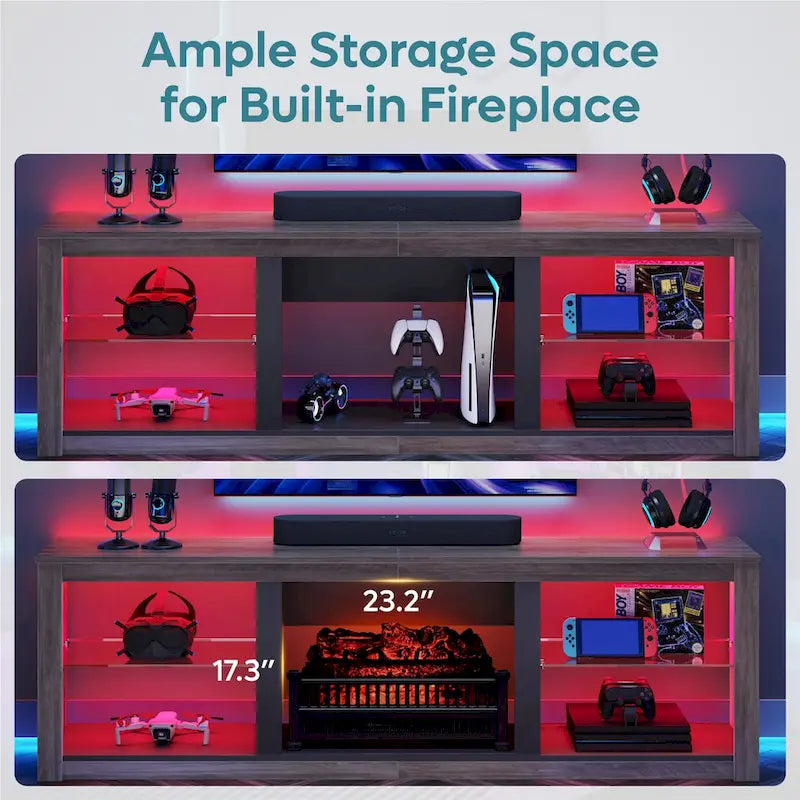 70-Inch LED TV Stand with Tempered Glass Shelves and Open Cabinet - 71 in