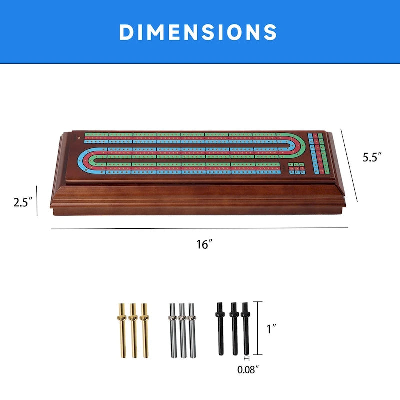 3-Track Wooden Cribbage Board with 2 Card Decks, 9 Metal Pegs and Drawer