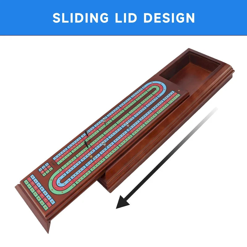 3-Track Wooden Cribbage Board with 2 Card Decks, 9 Metal Pegs and Drawer