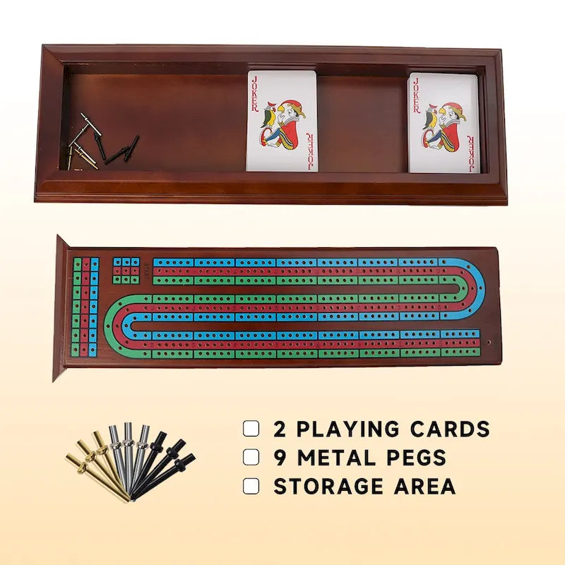 3-Track Wooden Cribbage Board with 2 Card Decks, 9 Metal Pegs and Drawer