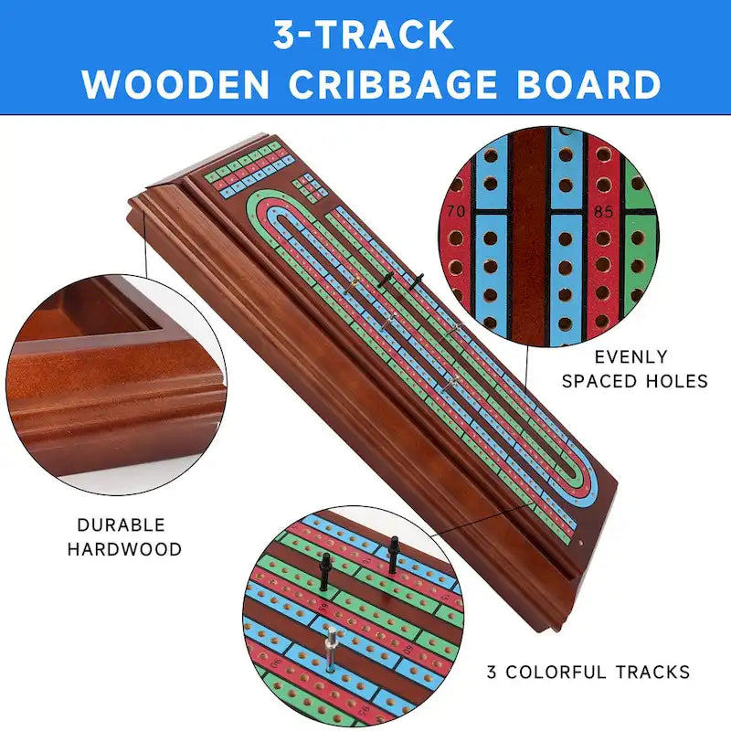3-Track Wooden Cribbage Board with 2 Card Decks, 9 Metal Pegs and Drawer