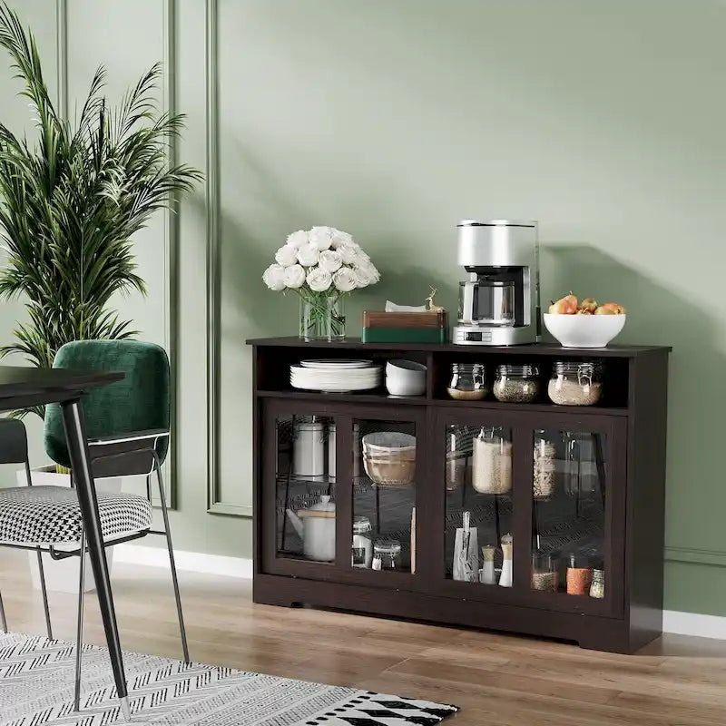 Modern Kitchen Storage Sideboard Buffet Cabinet with Sliding Glass Doors - Dark Brown