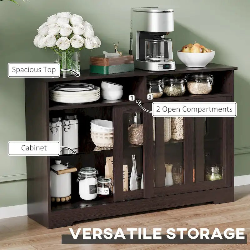 Modern Kitchen Storage Sideboard Buffet Cabinet with Sliding Glass Doors - Dark Brown
