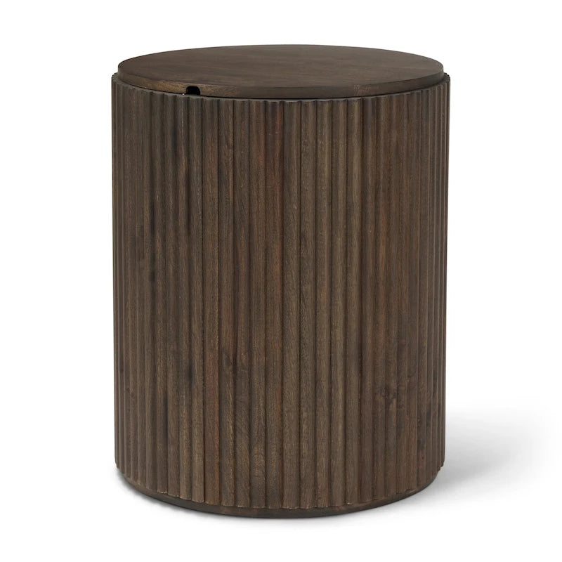 Dark Brown Solid Mango Wood Fluted Round Side Table with Storage