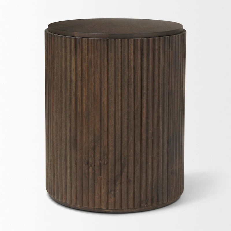 Dark Brown Solid Mango Wood Fluted Round Side Table with Storage