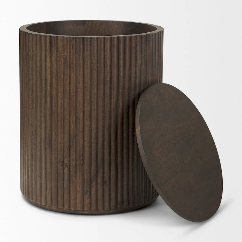 Dark Brown Solid Mango Wood Fluted Round Side Table with Storage