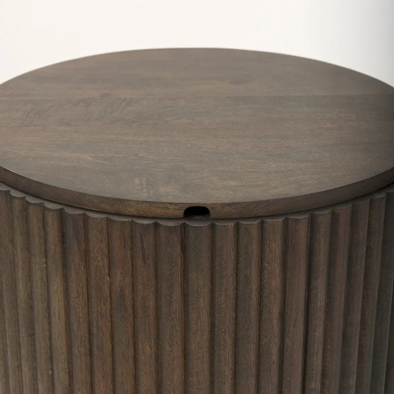 Dark Brown Solid Mango Wood Fluted Round Side Table with Storage