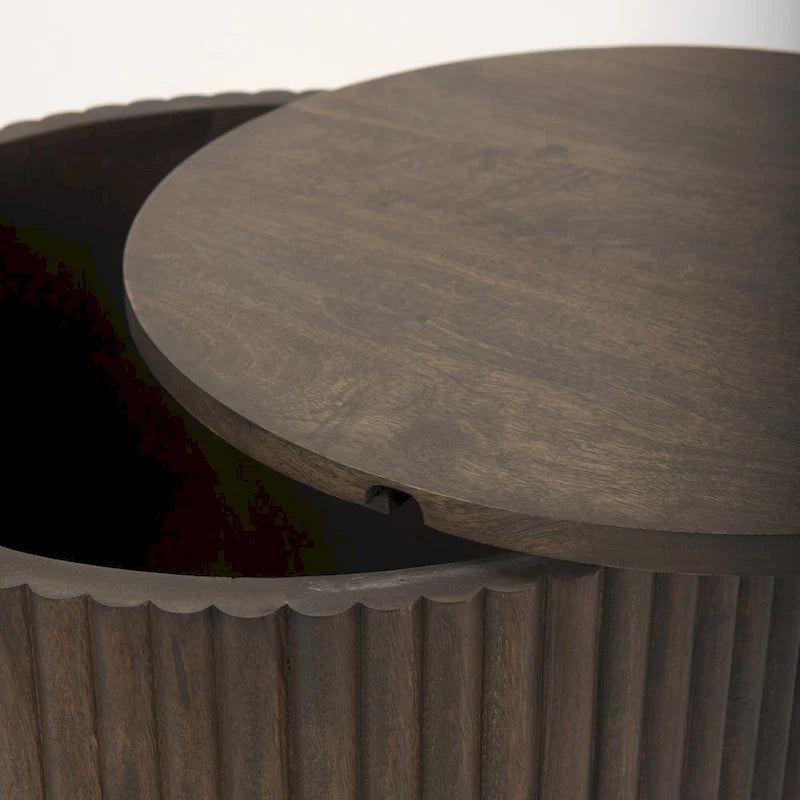 Dark Brown Solid Mango Wood Fluted Round Side Table with Storage