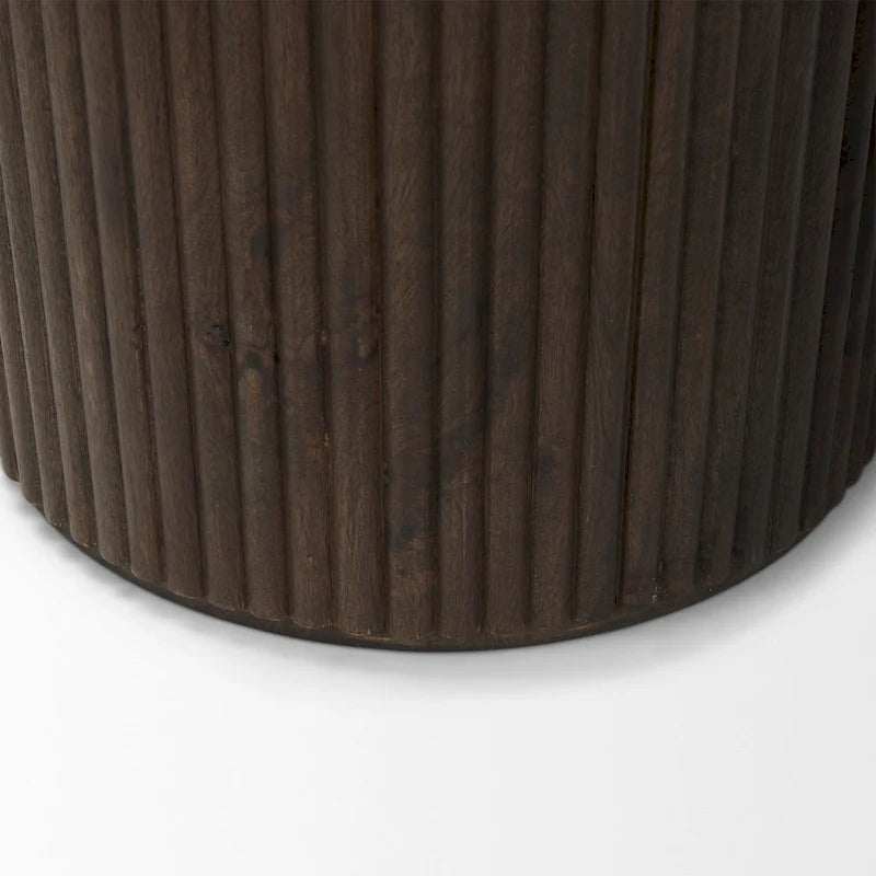 Dark Brown Solid Mango Wood Fluted Round Side Table with Storage