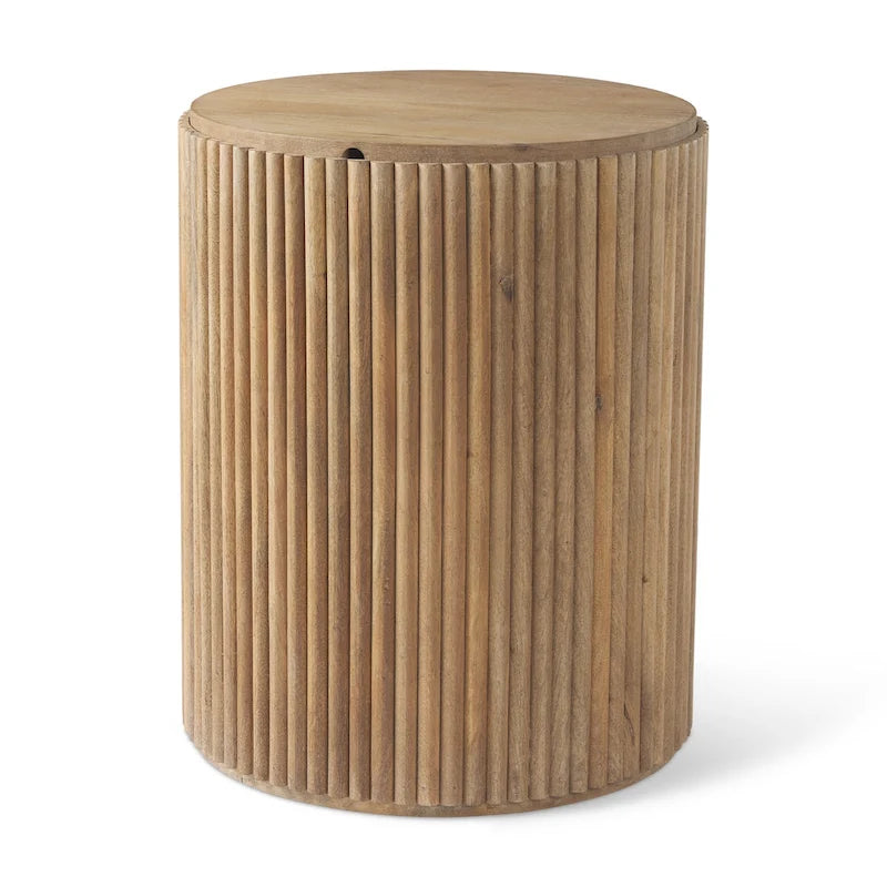 Dark Brown Solid Mango Wood Fluted Round Side Table with Storage