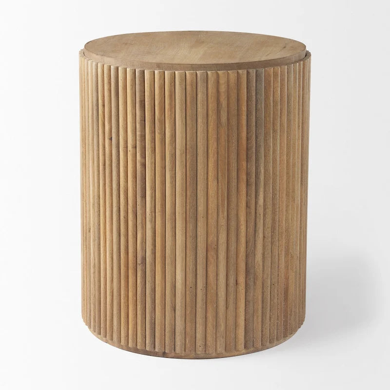 Dark Brown Solid Mango Wood Fluted Round Side Table with Storage