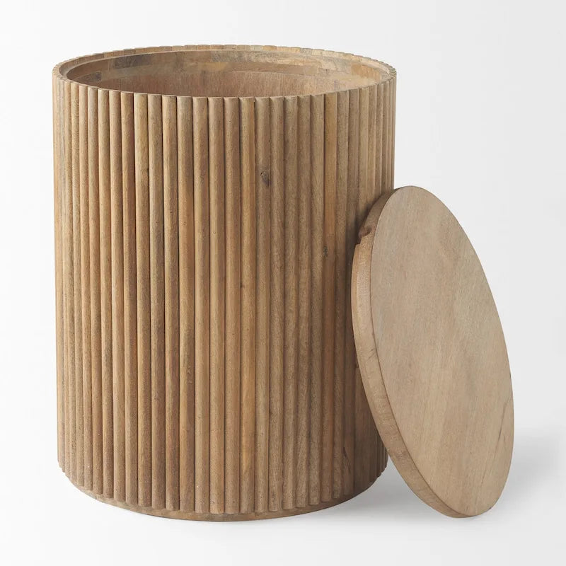 Dark Brown Solid Mango Wood Fluted Round Side Table with Storage