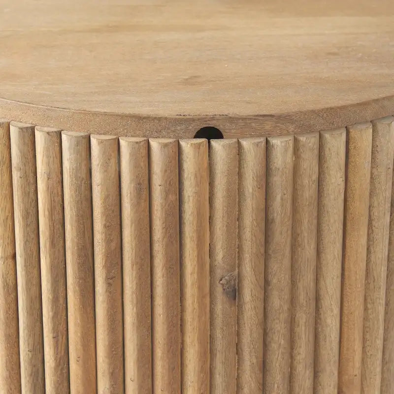 Dark Brown Solid Mango Wood Fluted Round Side Table with Storage