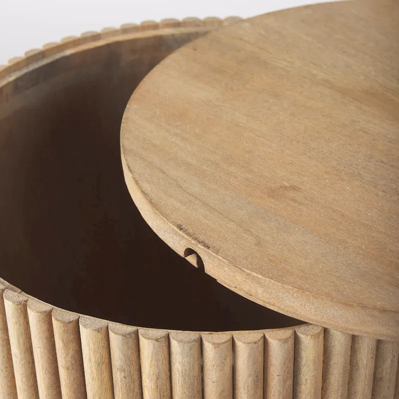 Dark Brown Solid Mango Wood Fluted Round Side Table with Storage