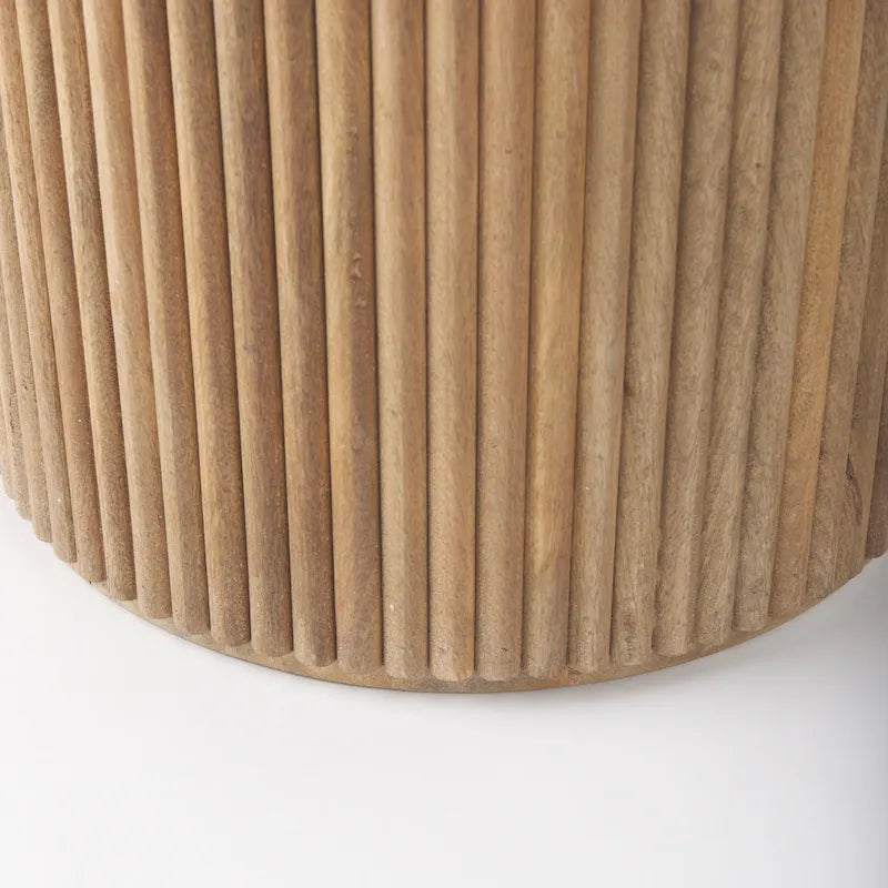 Dark Brown Solid Mango Wood Fluted Round Side Table with Storage