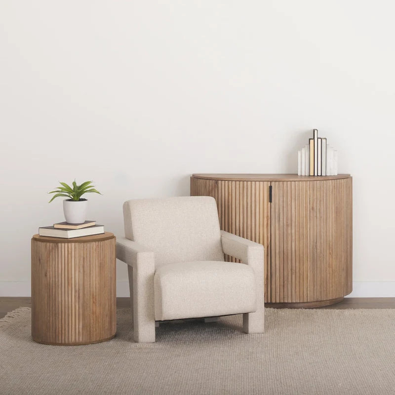 Dark Brown Solid Mango Wood Fluted Round Side Table with Storage