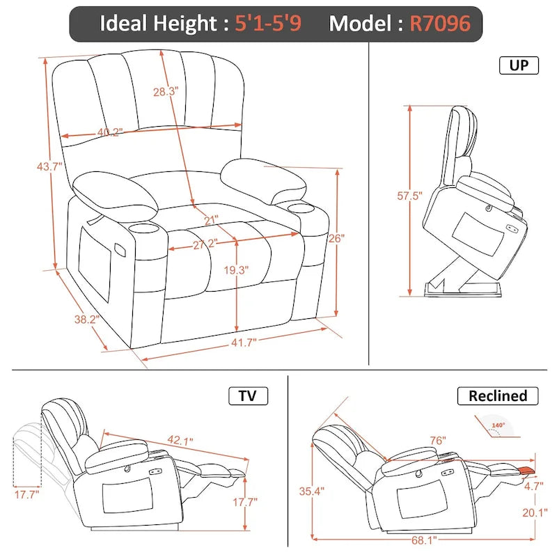 MCombo Power Lift Recliner Chair Sofa with Massage and Heat, Faux Leather R7096 (Medium-Wide)