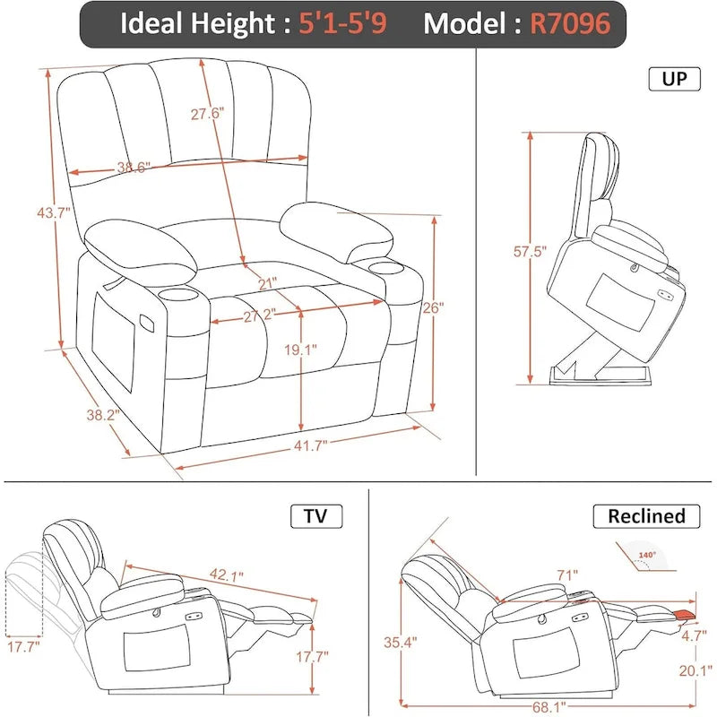 MCombo Power Lift Recliner Chair Sofa with Massage and Heat, Faux Leather R7096 (Medium-Wide)