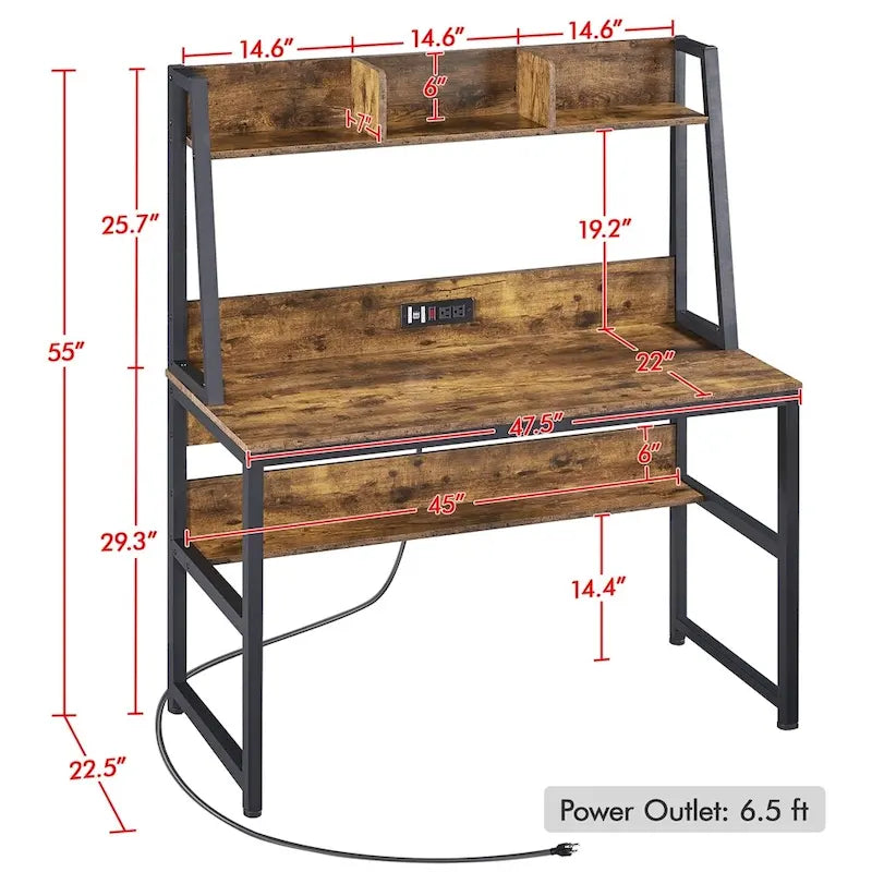 Bureau voor het thuiskantoor van 47.5 inch met stopcontact en verhoogde boekenplank