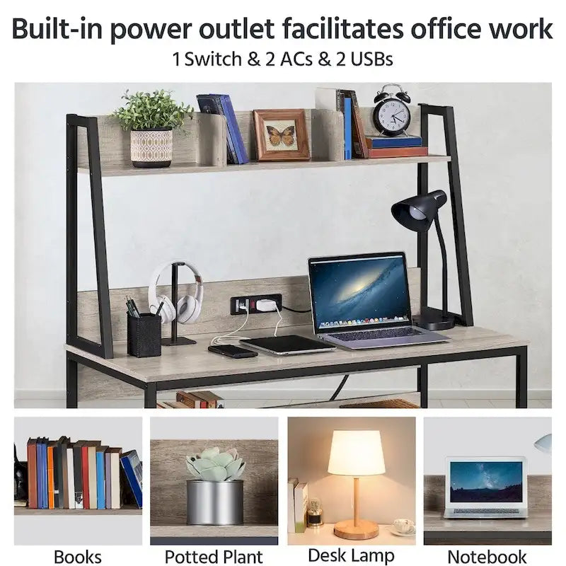 47.5-inch Home Office Computer Desk with Power Outlet and Elevated Bookshelf