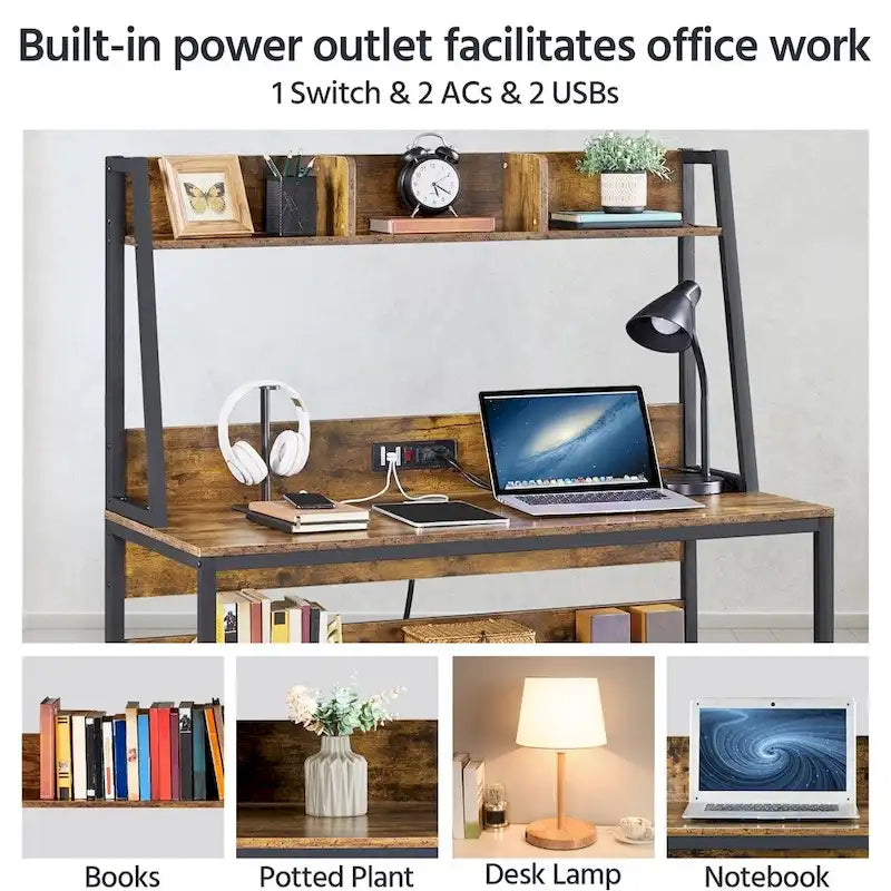 47.5-inch Home Office Computer Desk with Power Outlet and Elevated Bookshelf