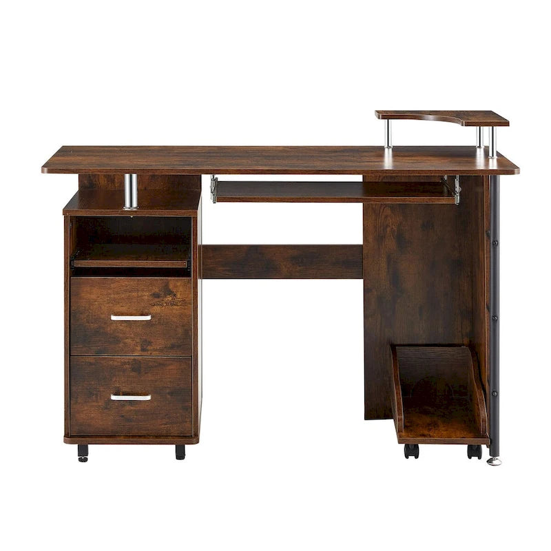 solid wood computer Desk,office table with PC droller,storage shelves and file cabinet,two drawers,CPU tray,a shelf